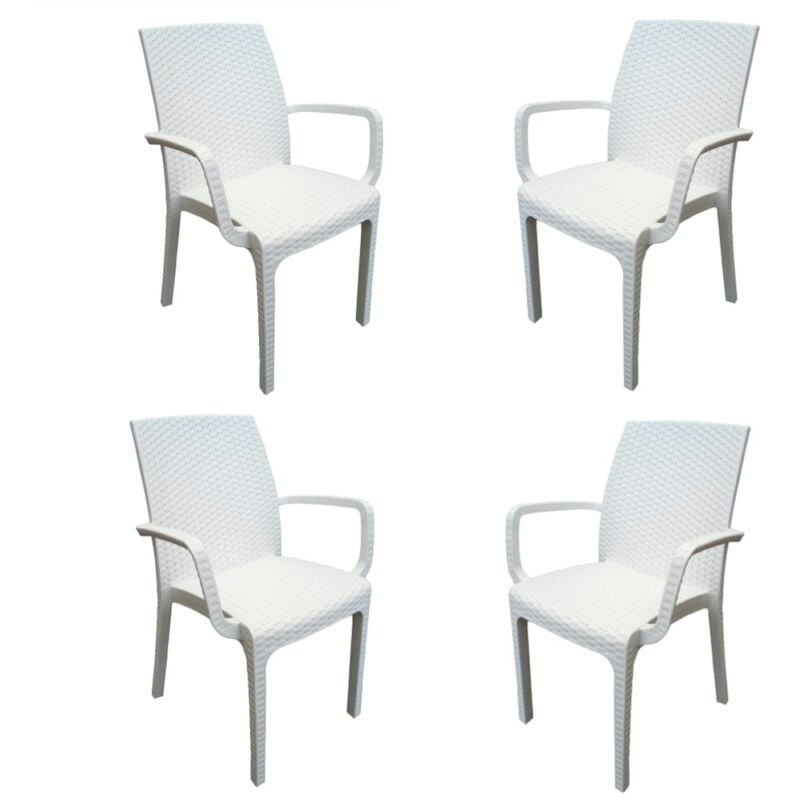 foto del prodotto sedia poltrona indiana in simil rattan per esterno interno set 4 pezzi bianco