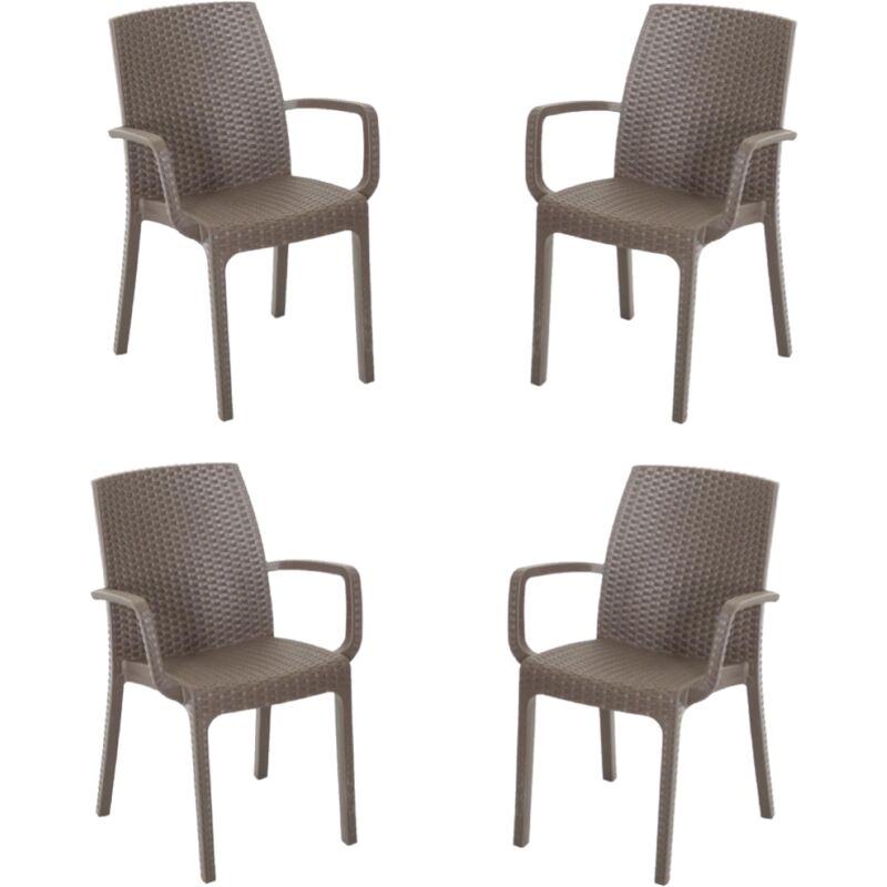 foto del prodotto sedia poltrona indiana in simil rattan per esterno interno set 4 pezzi caffe 