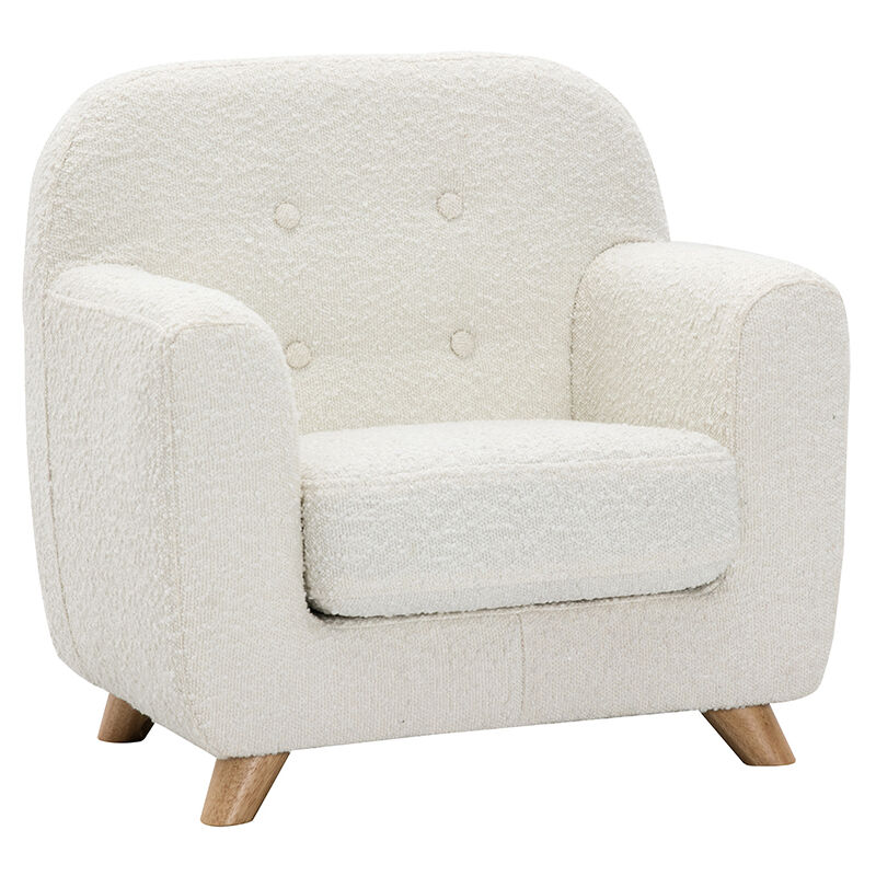 foto del prodotto sedia scandinava in tessuto effetto lana boucl bianco e legno chiaro norkid