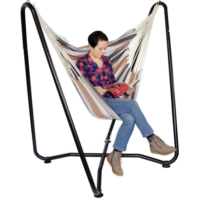 foto del prodotto sedia sospesa ad amaca supporto di metallo per interni ed esterni sedile 100 cotone 110x145cm sostegno in acciaio nero 155cm peso sostenuto 150kg