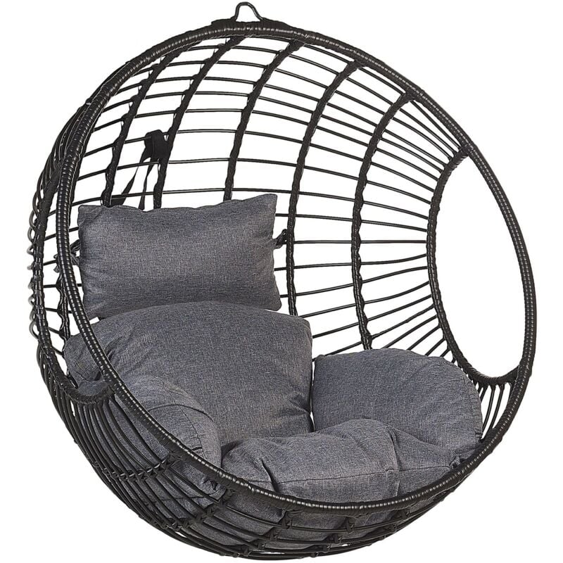 foto del prodotto sedia sospesa con cesta di rattan nero per interno ed esterno boho aspio