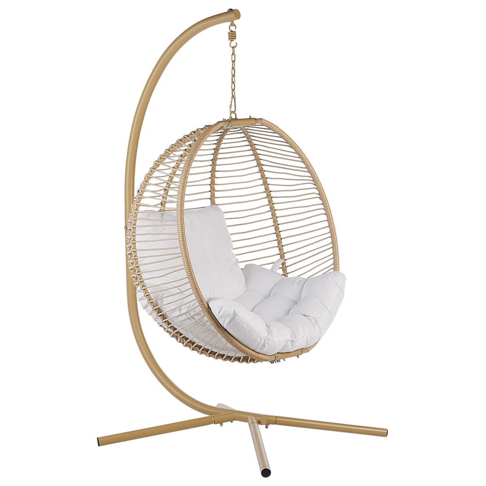 foto del prodotto sedia sospesa con piedistallo beige bianco metallo soggiorno esterno cuscino stile retro boho