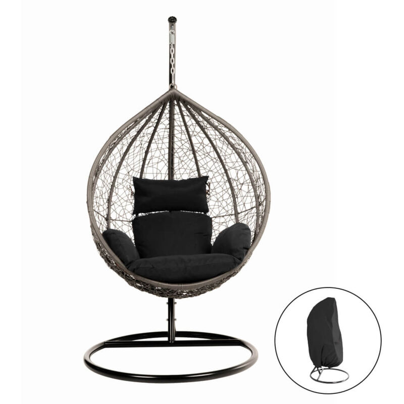 foto del prodotto sedia sospesa in polyrattan con struttura cielo colore nero, caratteristiche inclusa copertura antipioggia home deluxe