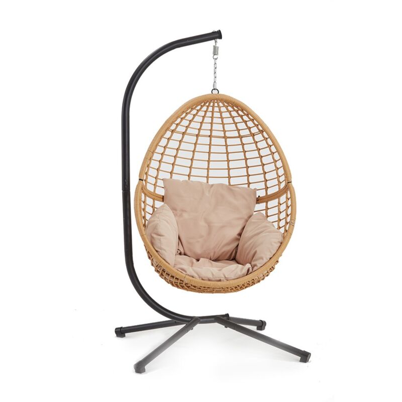 foto del prodotto sedia sospesa in resina intrecciata beige e nera auroa