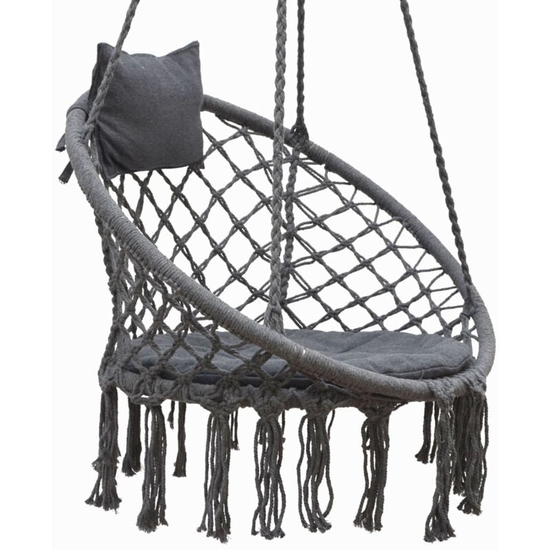 foto del prodotto sedia sospesa makramee 80 cm con cuscino sedia boho fino a 120 kg tondo grigio