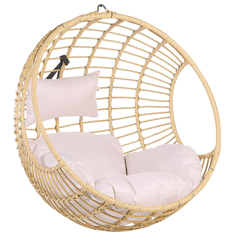 foto del prodotto sedia sospesa poltrona pensile cestino di vimini rotondo in rattan beige senza supporto con cuscini boho