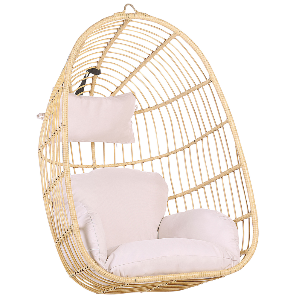 foto del prodotto sedia sospesa poltrona pensile in rattan beige a forma di uovo per interni ed esterni a soffitto boho