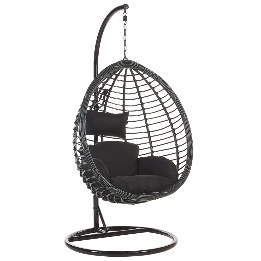 foto del prodotto sedia sospesa poltrona pensile in rattan nero con struttura in metallo per interni ed esterni a forma di uovo moderna boho