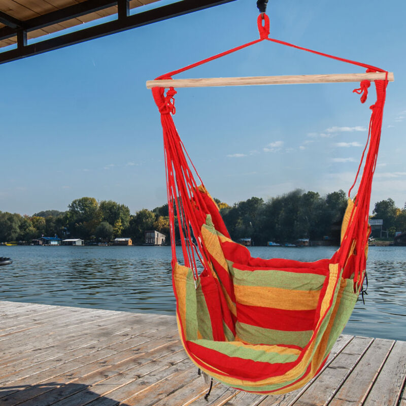 foto del prodotto sedia sospesa sedia a dondolo sedia relax legno duro cotone rosso verde giallo h 120 cm