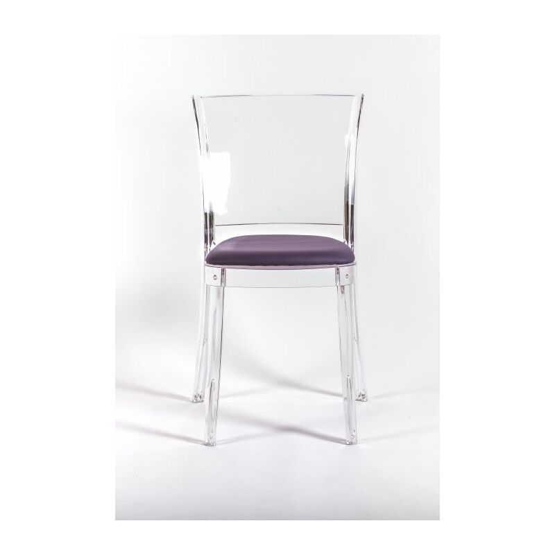 foto del prodotto sedia trasparente con cuscino imbottita lucienne ecopelle nabuk colore cuscino violetto