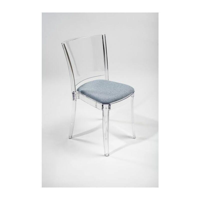 foto del prodotto sedia trasparente con cuscino imbottita lucienne tessuto trevira canvas colore cuscino azzurro