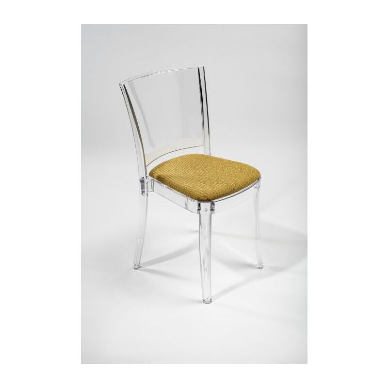 foto del prodotto sedia trasparente con cuscino imbottita lucienne tessuto trevira canvas colore cuscino giallo
