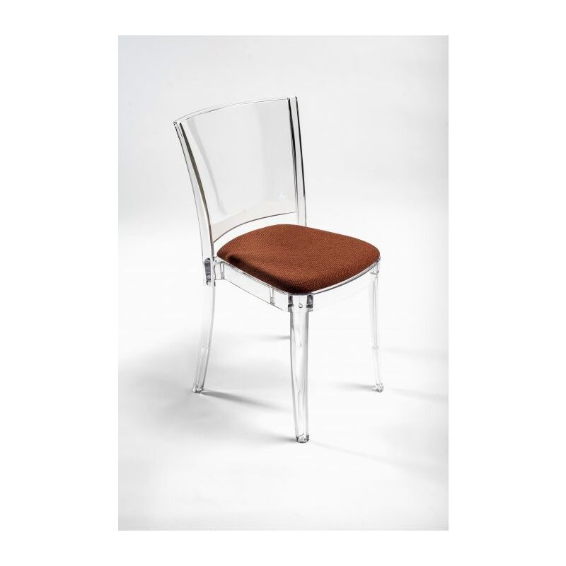 foto del prodotto sedia trasparente con cuscino imbottita lucienne tessuto trevira canvas colore cuscino rame
