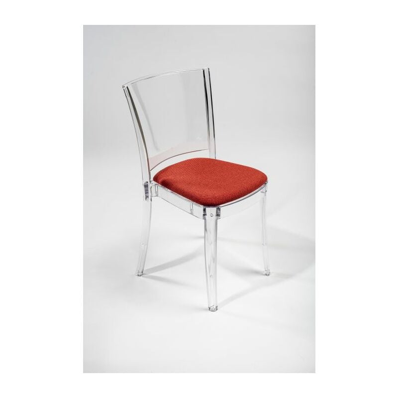 foto del prodotto sedia trasparente con cuscino imbottita lucienne tessuto trevira canvas colore cuscino rosso corallo