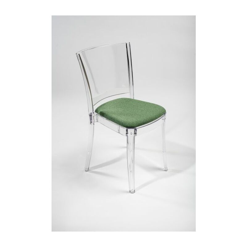 foto del prodotto sedia trasparente con cuscino imbottita lucienne tessuto trevira canvas colore cuscino verde