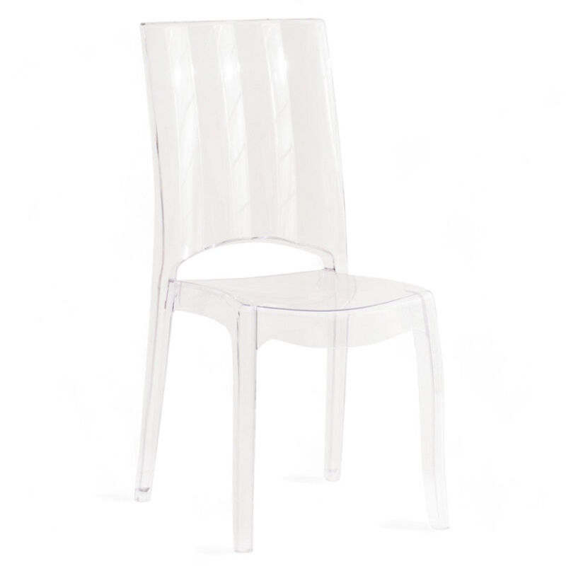 foto del prodotto sedia trasparente in policarbonato resistente e confortevole per uso interno ed esterno design moderno dimensioni 46x55x97 cm