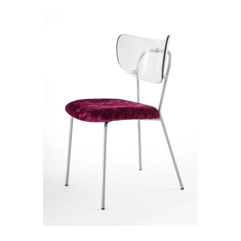 foto del prodotto sedia trasparente velluto imbottita made in italy, telaio in metallo grigio spalliera traslucida neutra suri 5 colori colore velluto bordeaux