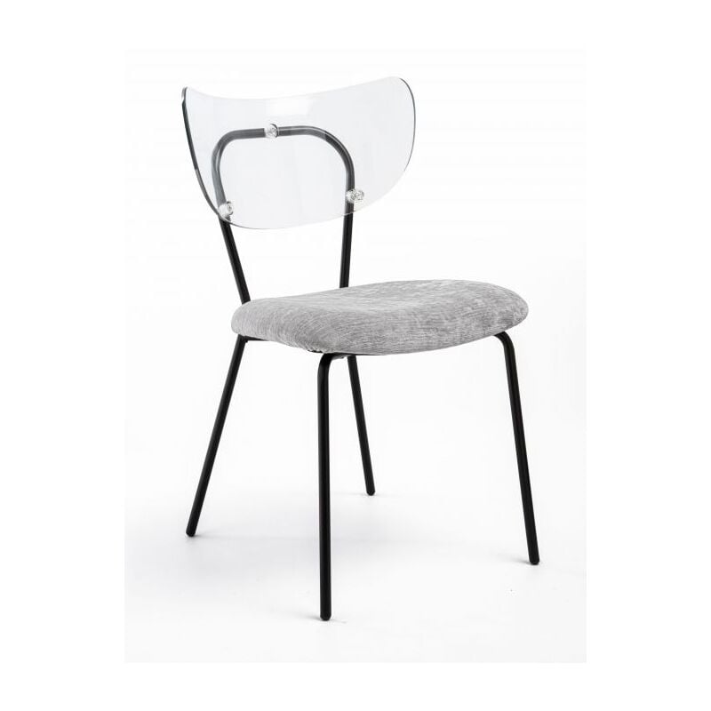 foto del prodotto sedia trasparente velluto imbottita made in italy, telaio in metallo nero spalliera traslucida neutra suri 5 colori colore velluto grigio