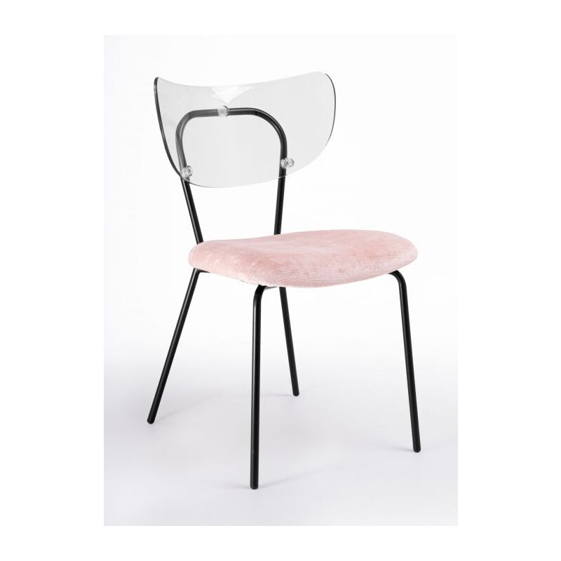 foto del prodotto sedia trasparente velluto imbottita made in italy, telaio in metallo nero spalliera traslucida neutra suri 5 colori colore velluto rosa telaio