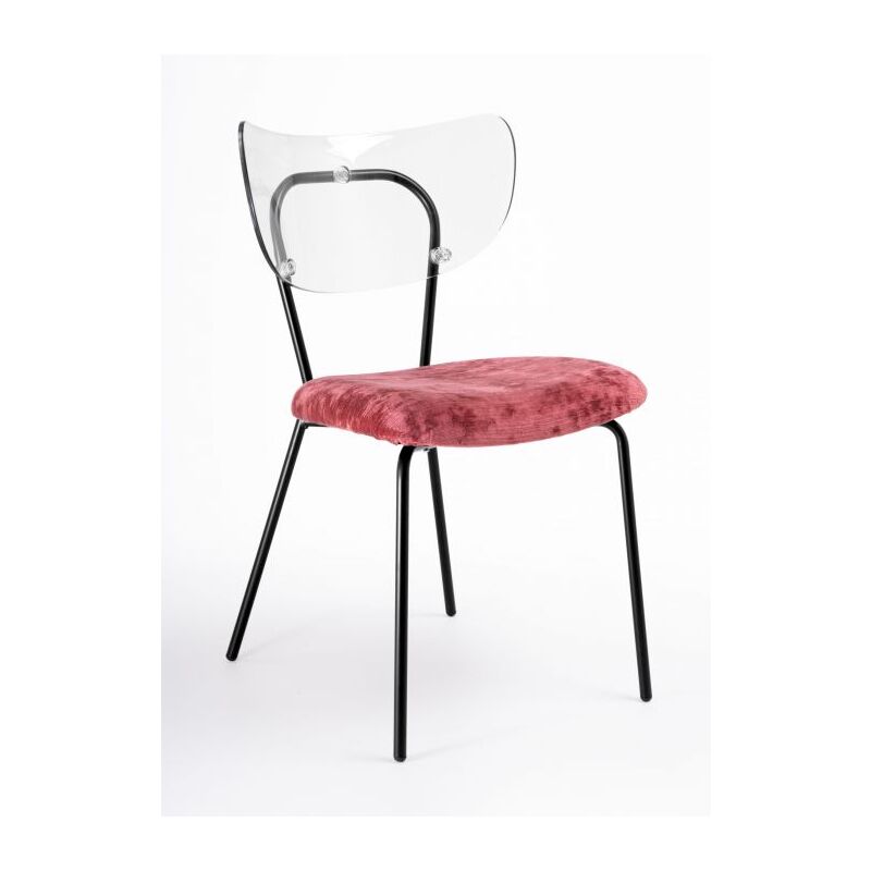foto del prodotto sedia trasparente velluto imbottita made in italy, telaio in metallo nero spalliera traslucida neutra suri 5 colori colore velluto rosso porpora