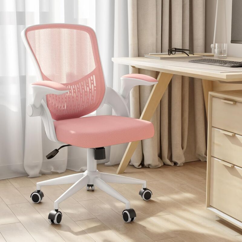 foto del prodotto sedia ufficio con braccioli pieghevoli - naspaluro sedia scrivania cameretta - sedia ergonomica - girevole - rosa