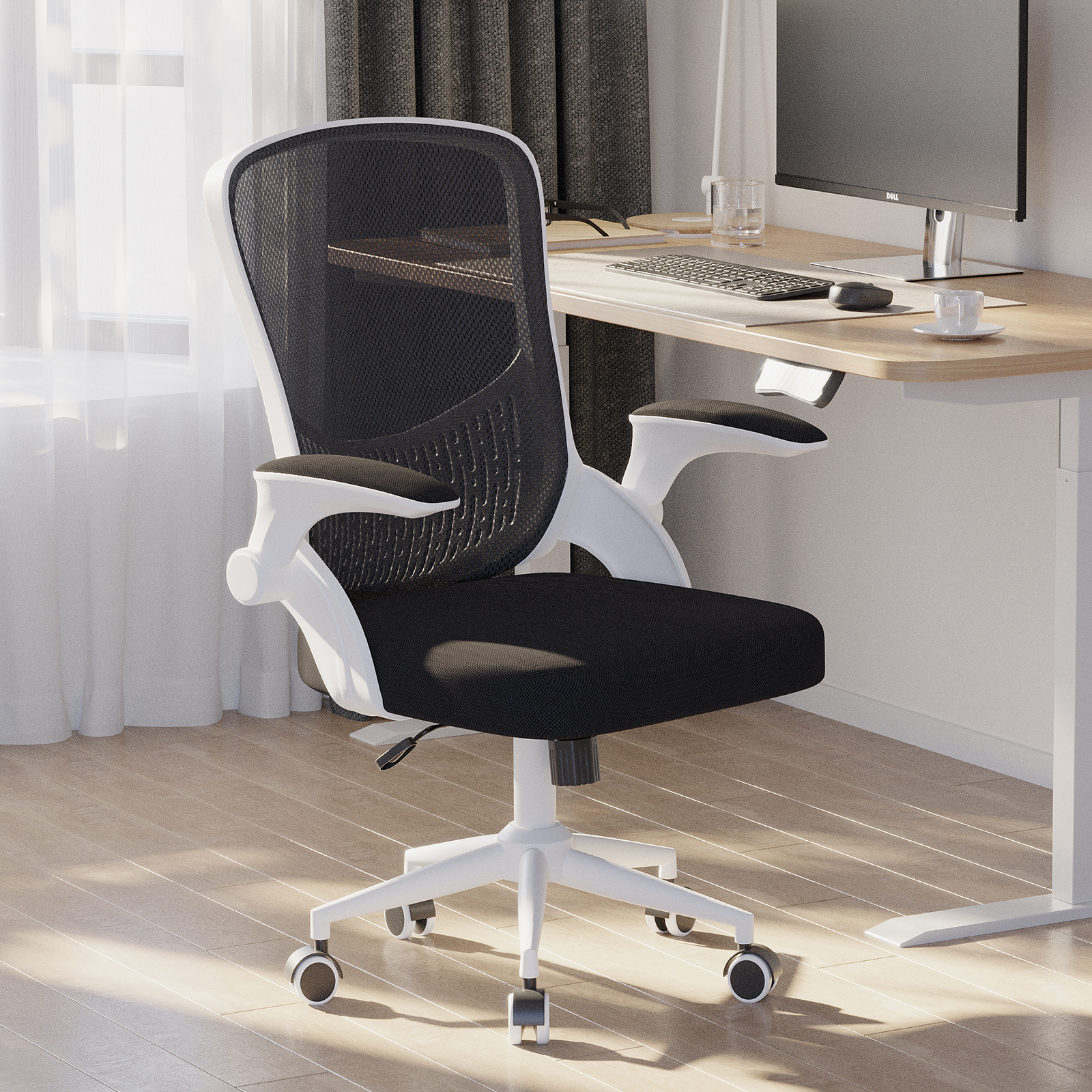 foto del prodotto sedia ufficio con braccioli ribaltabili a 90 rattantree sedia girevole a 360 con funzione swing bianco