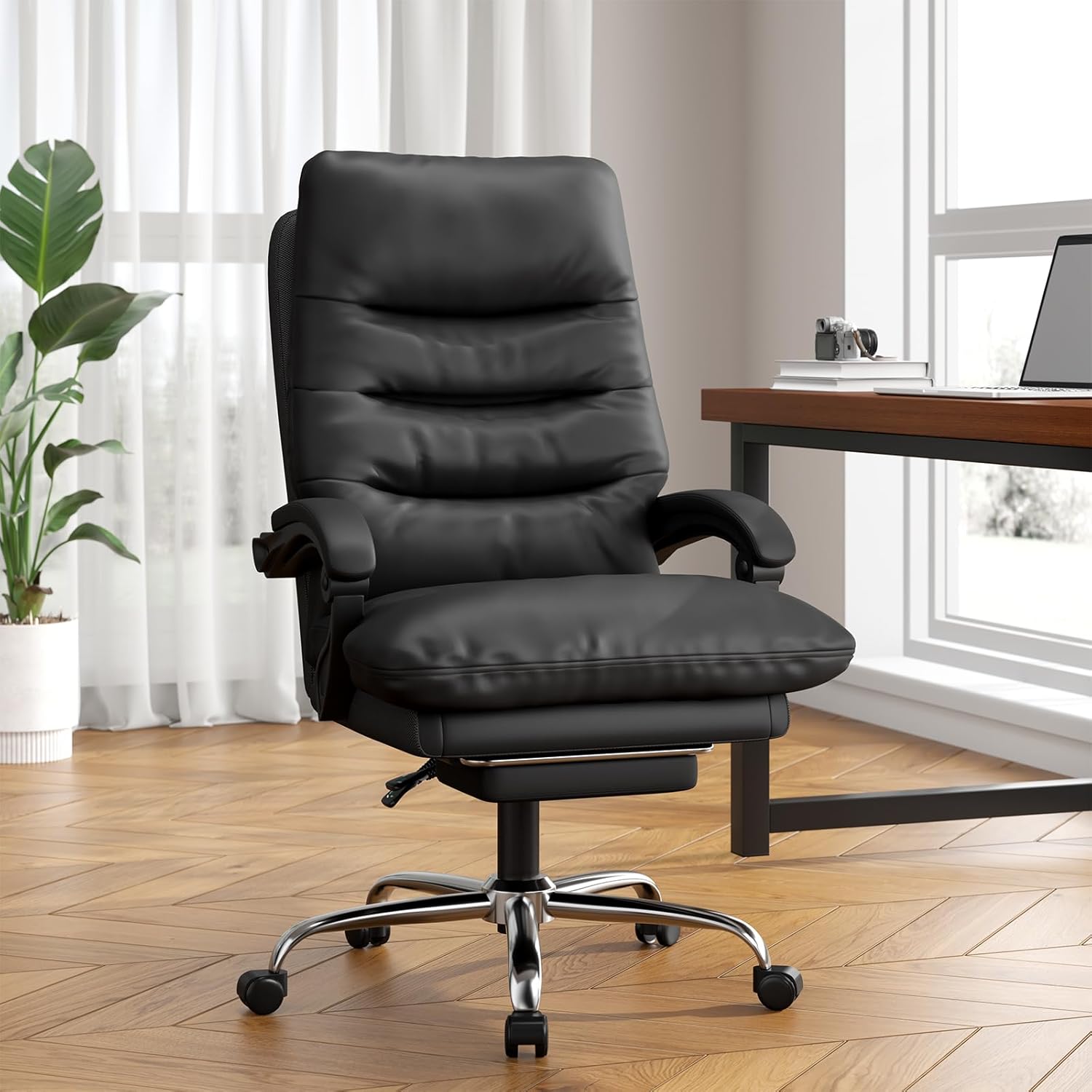 foto del prodotto sedia ufficio con poggiagambe rattantree poltrona girevole ergonomica con sedile largo carico 150kg nero