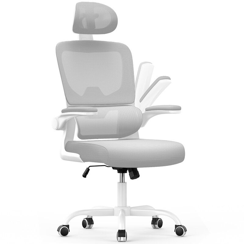 foto del prodotto sedia ufficio ergonomica lombare, bigzzia sedia scrivania poggiatesta regolabile, braccioli ribaltabili, bianco grigio