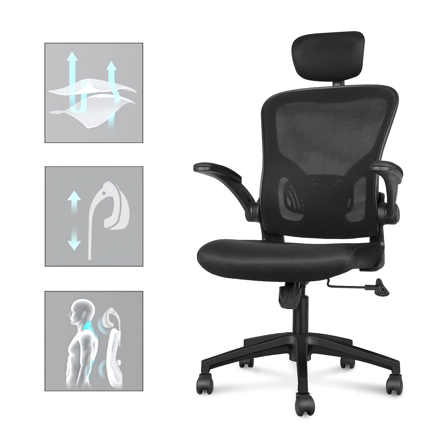 foto del prodotto sedia ufficio ergonomica rattantree sedie da scrivania con supporto lombare e poggiatesta regolabile nero