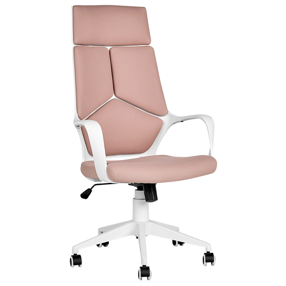 foto del prodotto sedia ufficio in materiale sintetico rosa e bianco struttura in metallo schienale regolabile e girevole ufficio