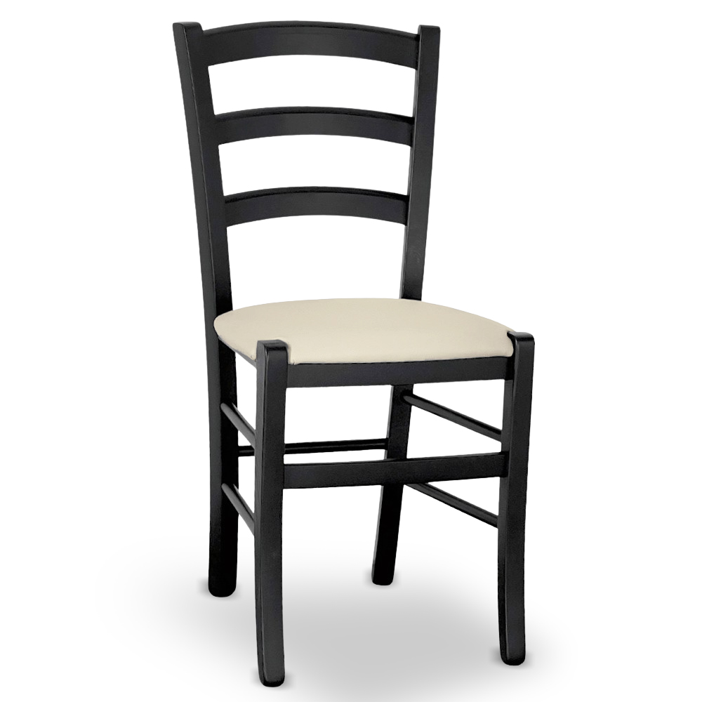 foto del prodotto sedia venezia in legno di faggio nero con seduta in similpelle beige