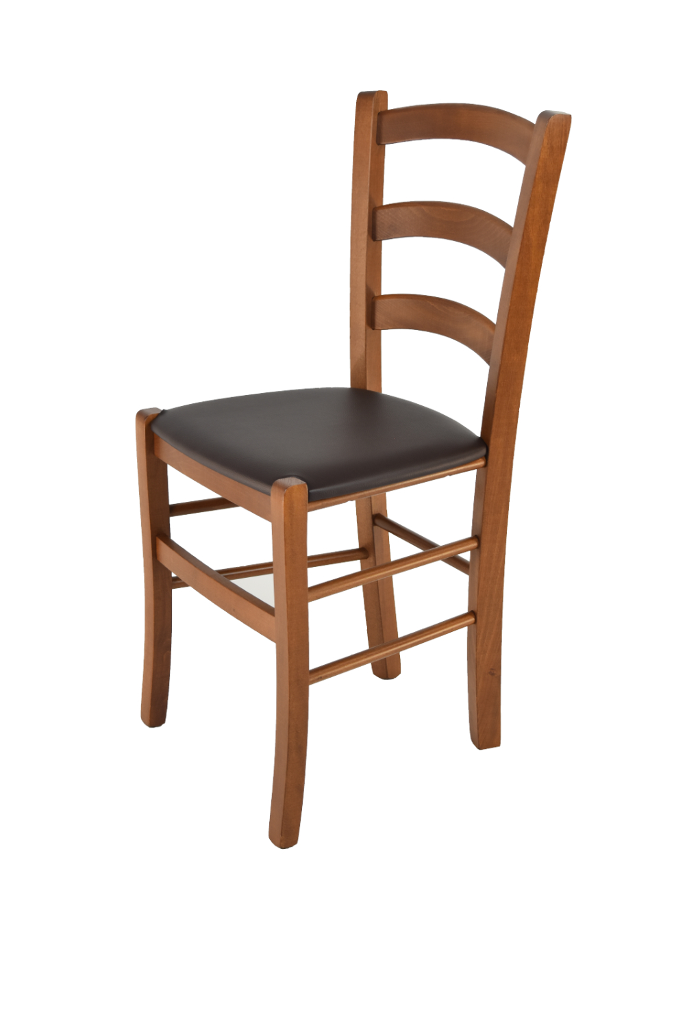 foto del prodotto sedia venice tommychairs, struttura in faggio verniciata in color noce chiaro e seduta rivestita in finta pelle moka