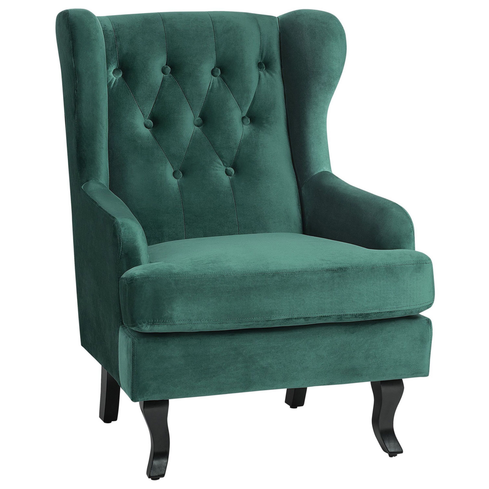 foto del prodotto sedia wingback con rivestimento in velluto verde e gambe nere in stile scandinavo