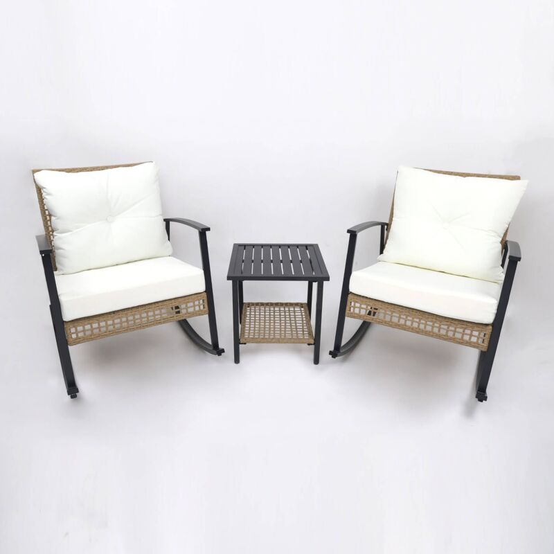foto del prodotto sedie a dondolo con tavolino rebecca mobili niangon 88x66,5x90 acciaio polyrattan marrone nero set 3 pz