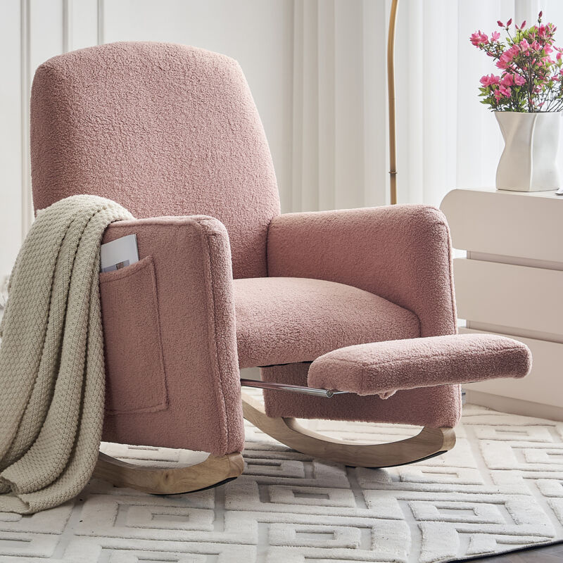 foto del prodotto sedie a dondolo, poltrona, tasche laterali, con poggiapiedi, per soggiorno camera da letto studio, tessuto di peluche, rosa