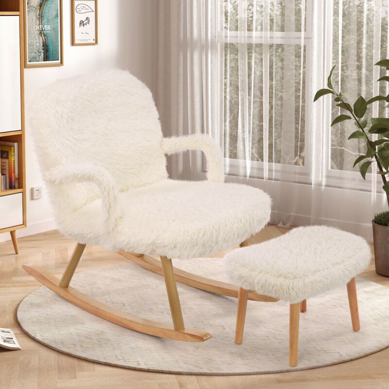 foto del prodotto sedie a dondolo, sedia a dondolo in peluche con poggiapiedi morbido, con braccioli e schienale imbottito, gambe in legno massello, stile scandinavo