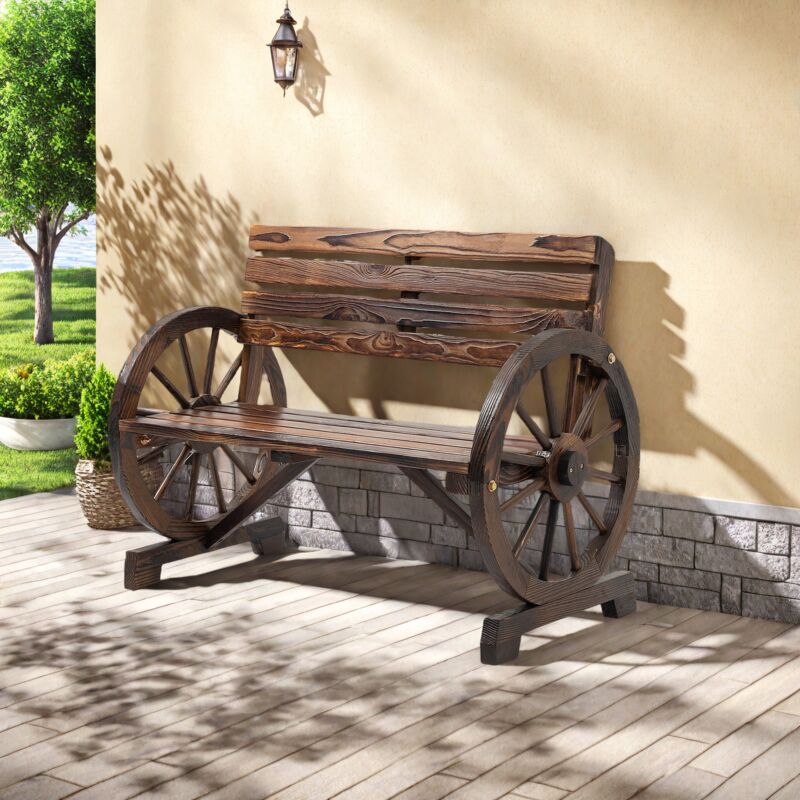 foto del prodotto sedie da esterno, panca da giardino, panca in legno a 2 posti con braccioli a forma di ruota di carro, in stile rustico, legno di abete, marrone,