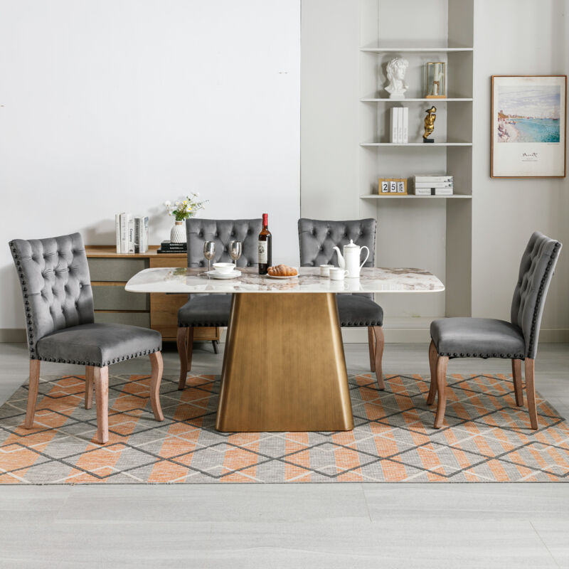 foto del prodotto sedie da pranzo con batacchio, chiodi decorativi, gambe in legno, velluto, sedia da soggiorno, grigio scuro 4pz