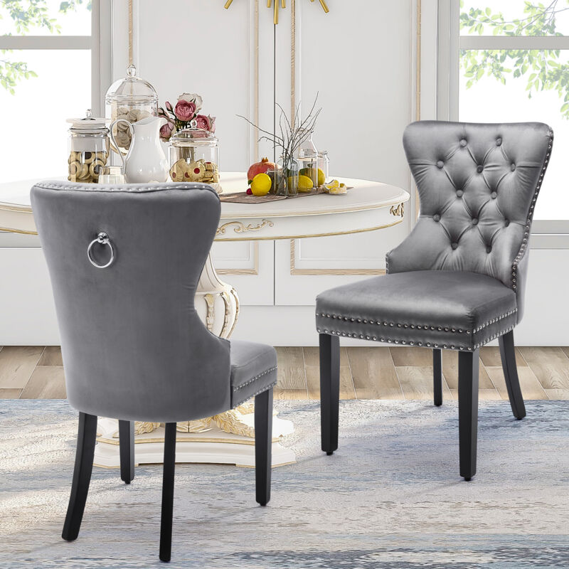 foto del prodotto sedie da pranzo, gambe in rovere, battente e rifiniture in metallo cromato, design con bottoni, velluto, grigio, 2 pz.