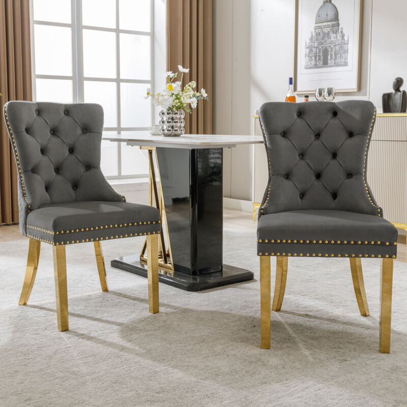 foto del prodotto sedie da pranzo in velluto, gambe in acciaio inox, decorazione unghie, moderno, grigio, 2 pezzi