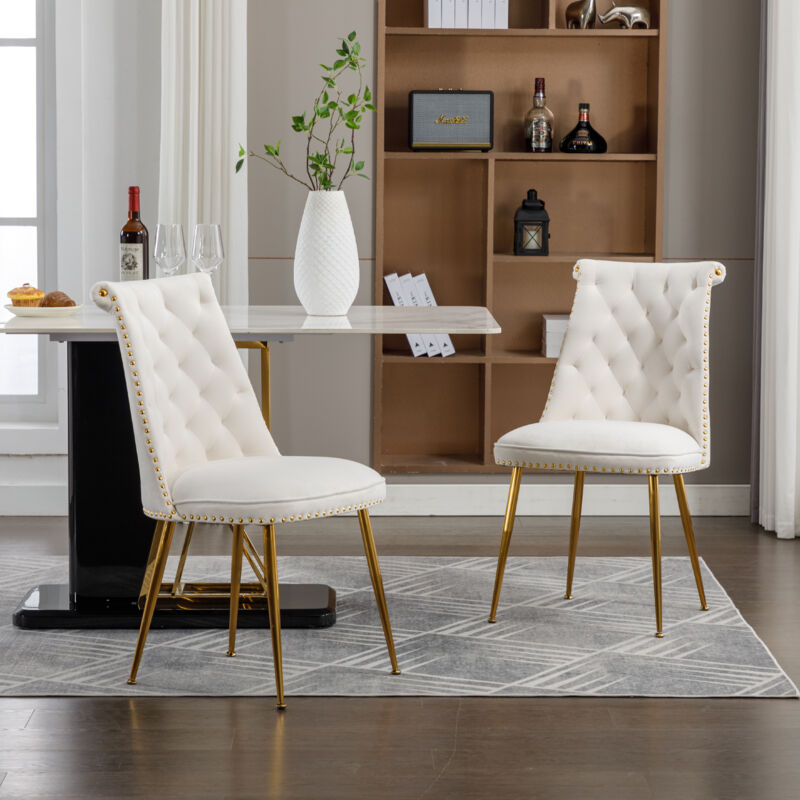 foto del prodotto sedie da pranzo in velluto set da 2 , gambe in metallo dorato, 2 pezzi, beige