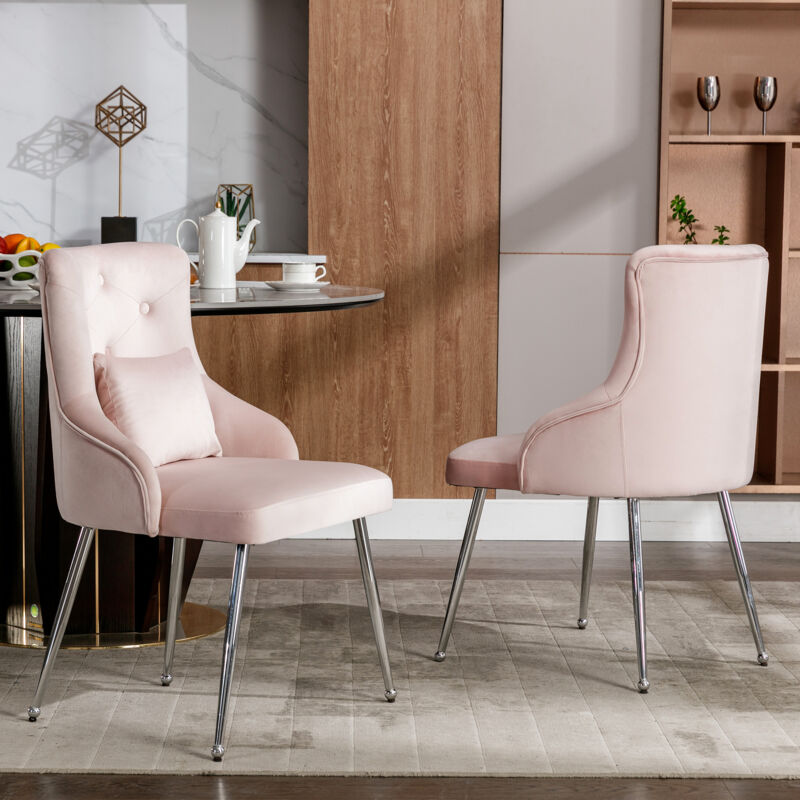 foto del prodotto sedie da pranzo, poltrona da soggiorno, motivo a bottoni, gambe in metallo, velluto, poltrona con cuscino lombare rosa, 2 pz.