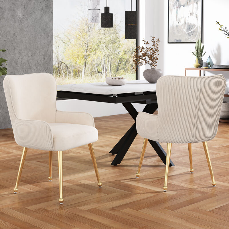 foto del prodotto sedie da pranzo, poltrona, gambe in metallo regolabili, velluto, soggiorno/camera da letto, contemporanea - beige e oro, 2 pz.