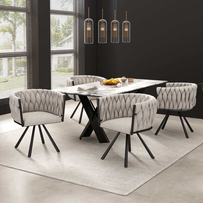 foto del prodotto sedie da pranzo, poltrona, sedie girevole, gambe in metallo, soggiorno sala da pranzo camera da letto beige nero, lino, 4 pezzi modfu