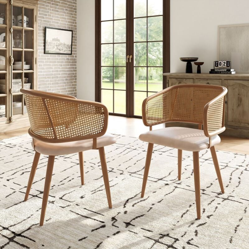 foto del prodotto sedie da pranzo, sedie da pranzo con schienale in rattan, cuscino del sedile in pelle pu, comodo e traspirante, stile moderno e semplice, adatto a