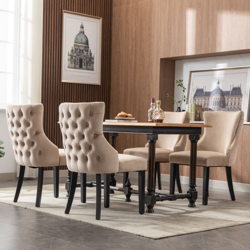 foto del prodotto sedie da pranzo, struttura in legno, sedie da soggiorno/cucina, sala da pranzo, velluto, beige, 4 pezzi
