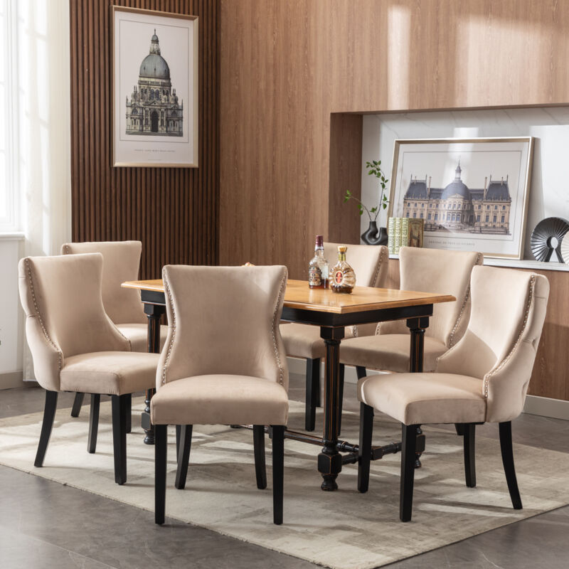 foto del prodotto sedie da pranzo, struttura in legno, sedie da soggiorno cucina, sala da pranzo, velluto, beige, 6 pezzi