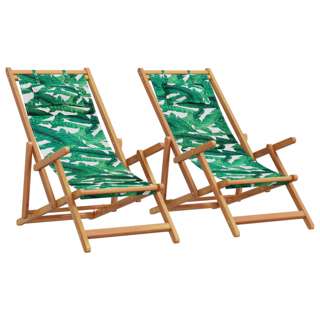 foto del prodotto sedie da spiaggia pieghevoli 2 pz motivo foglie tessuto e legno