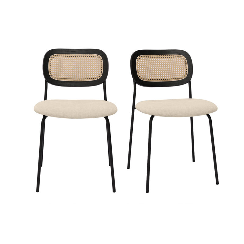foto del prodotto sedie dal design in tessuto effetto velluto beige, metallo nero e intreccio di rattan set di 2 miranda