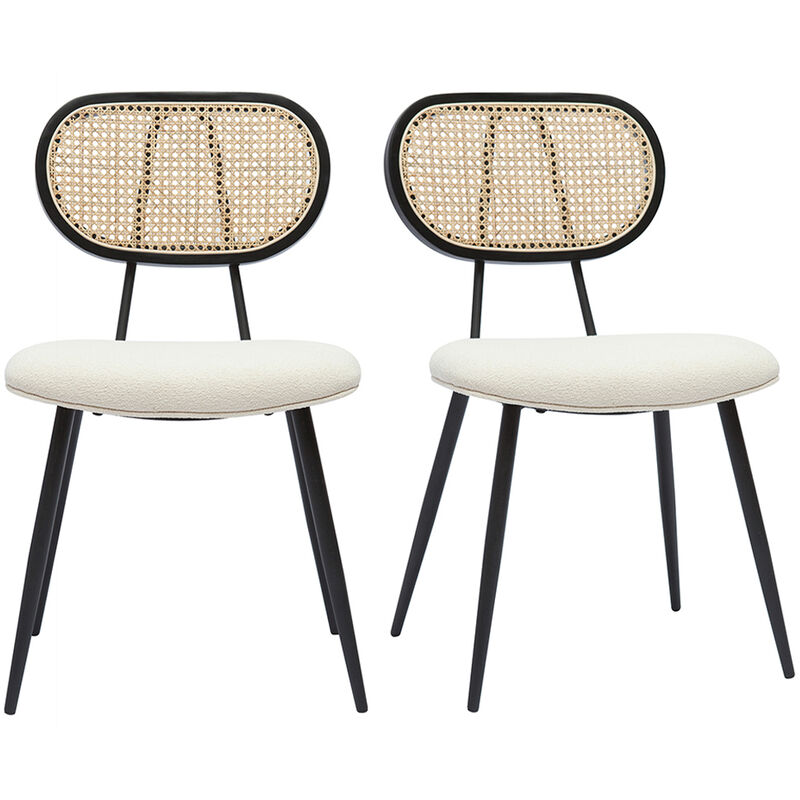 foto del prodotto sedie design in tessuto effetto lana boucl bianco crema, metallo nero e motivo a intreccio rattan naturale set di 2 tolma
